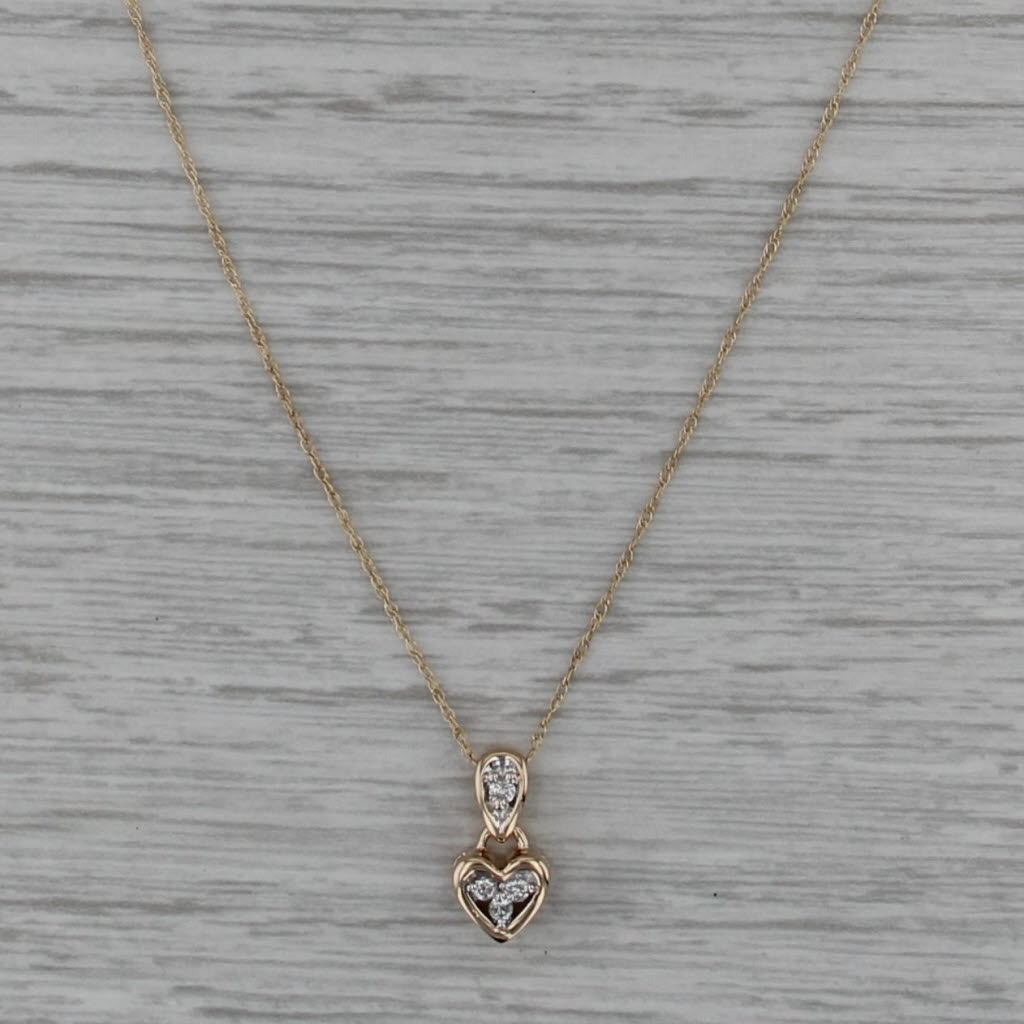 Small Diamond Heart Pendant Necklace 10k Yellow Gold 18" Rope Chain
