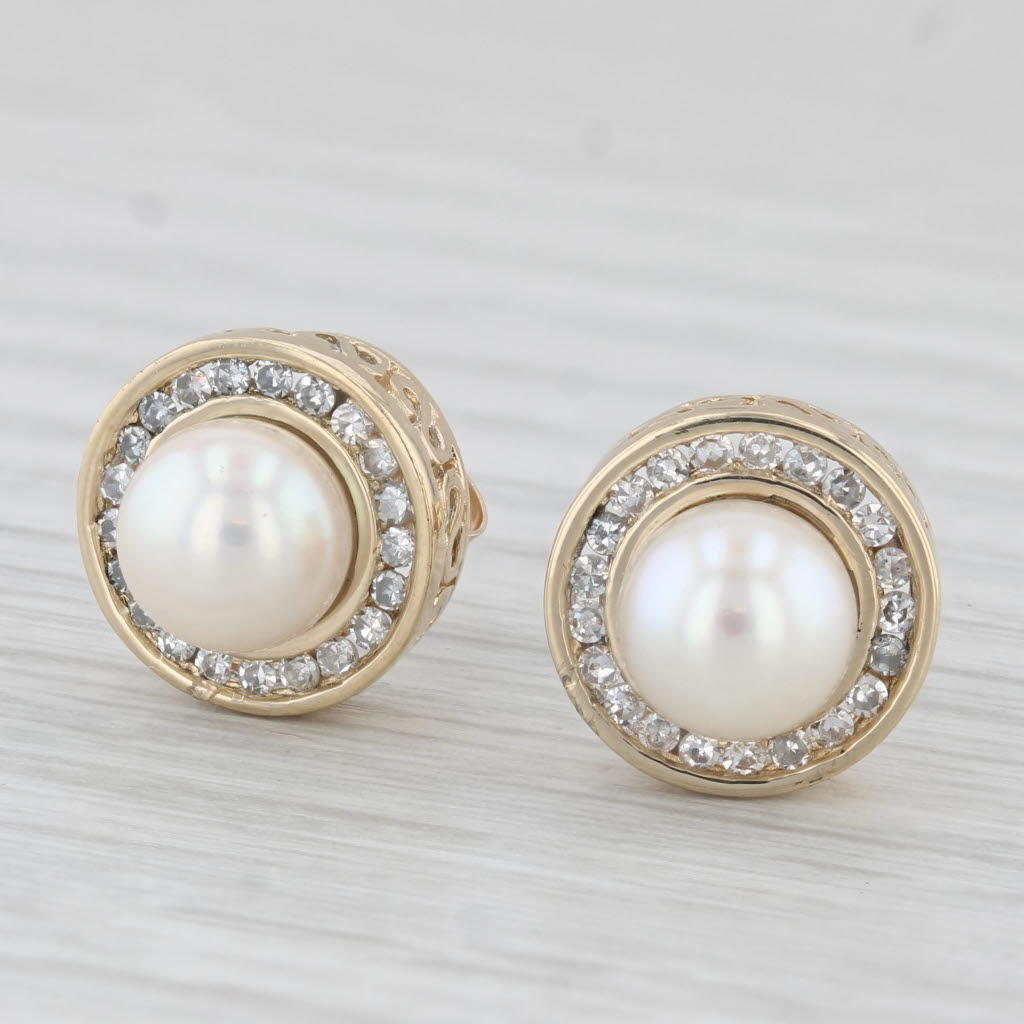 Light Gray Cultured Pearl 0.20ctw Diamond Halo Stud Earrings 14k Yellow Gold