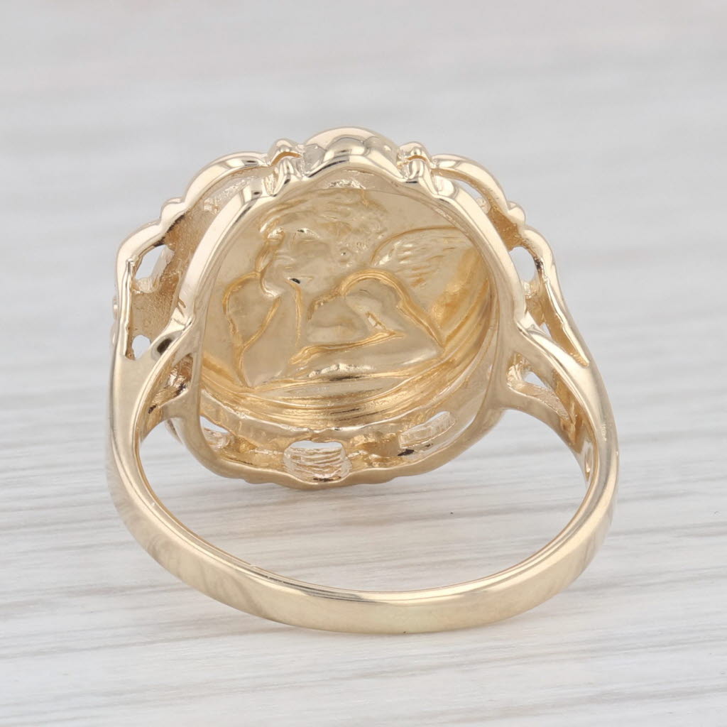 Light Gray Cherub Guardian Angel Ring 14k Yellow Gold Size 5.25 Coin Signet Style