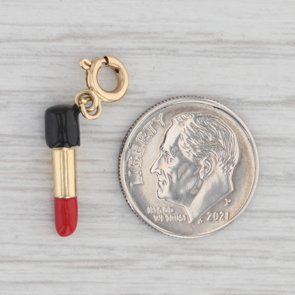 Gray Lipstick Charm 14k Yellow Gold Enamel Makeup Pendant