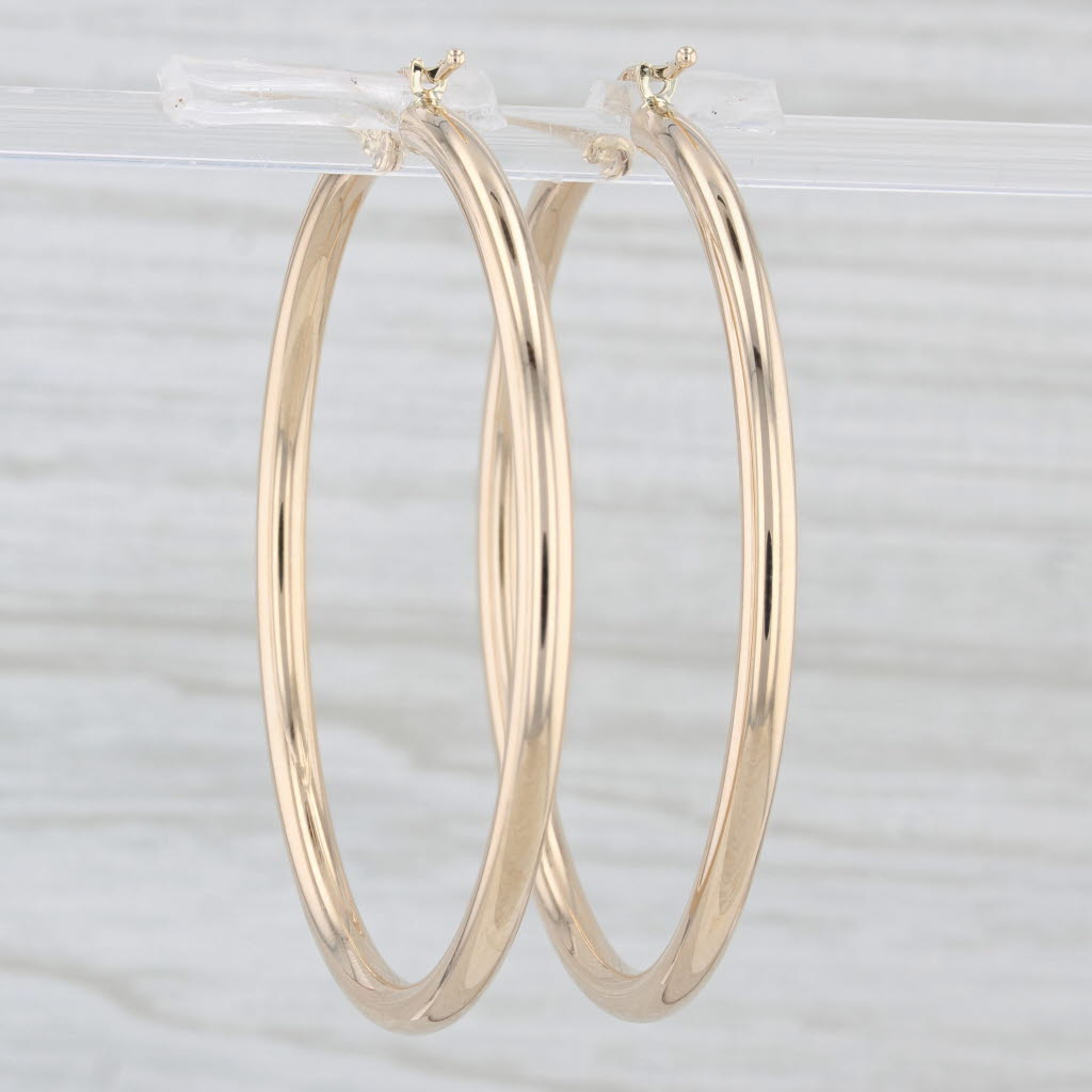 Light Gray New Hoop Earrings 14k Yellow Gold Round Hoops Pierced Snap Top 3 x 50mm