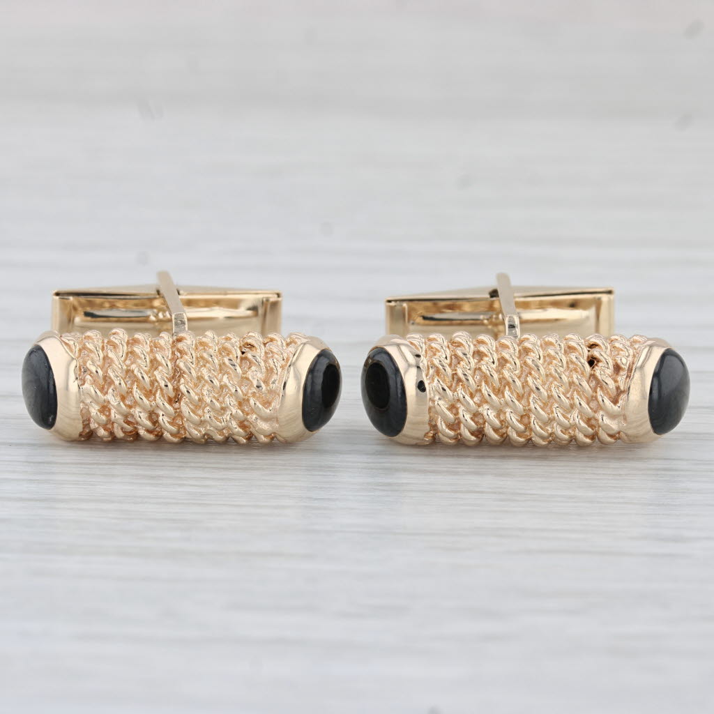 Light Gray Black Star Sapphire Cufflinks 14k Yellow Gold Folding Backs Vintage