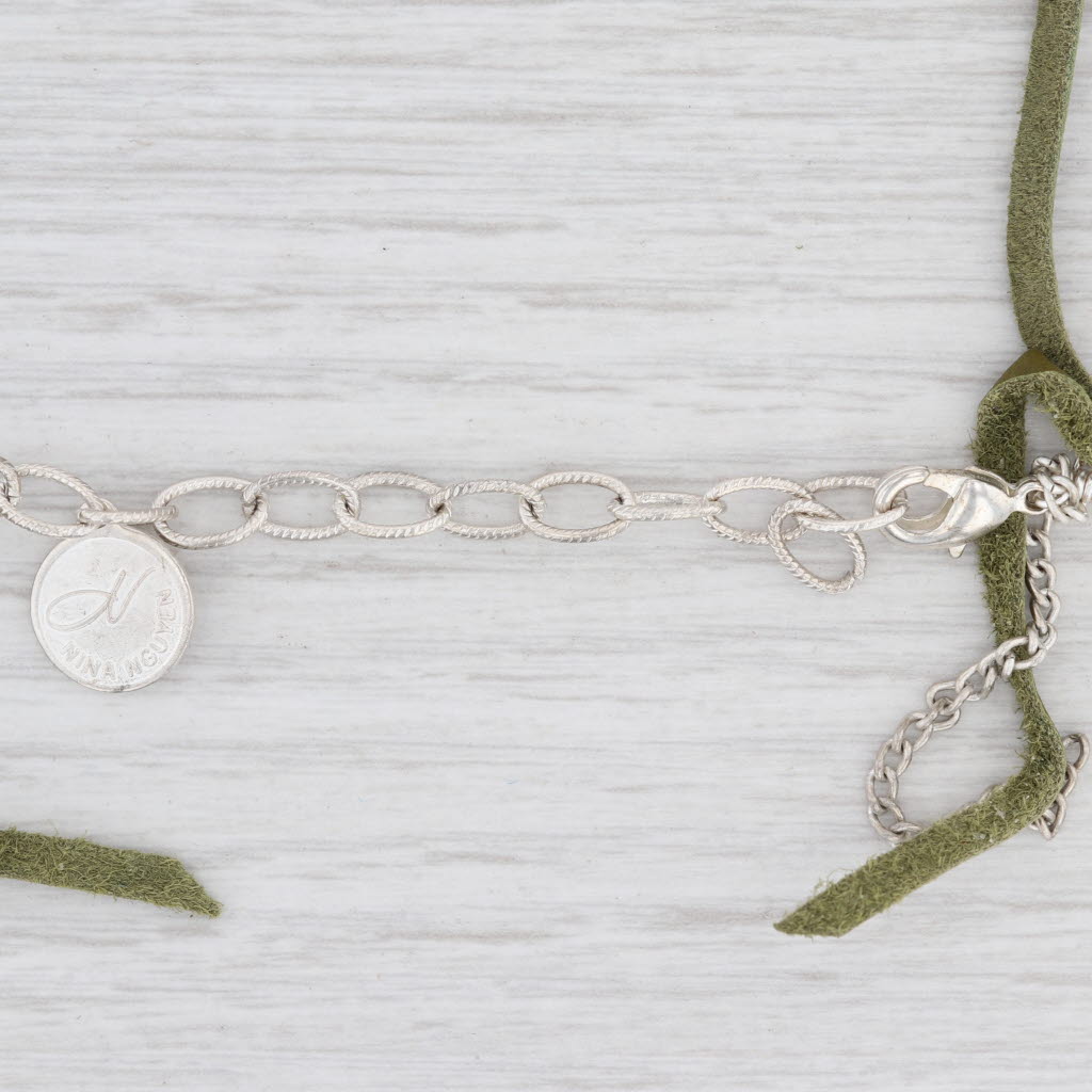 New Nina Wynn Cordelia Woven Green Leather Necklace White Druzy Quartz Pendant