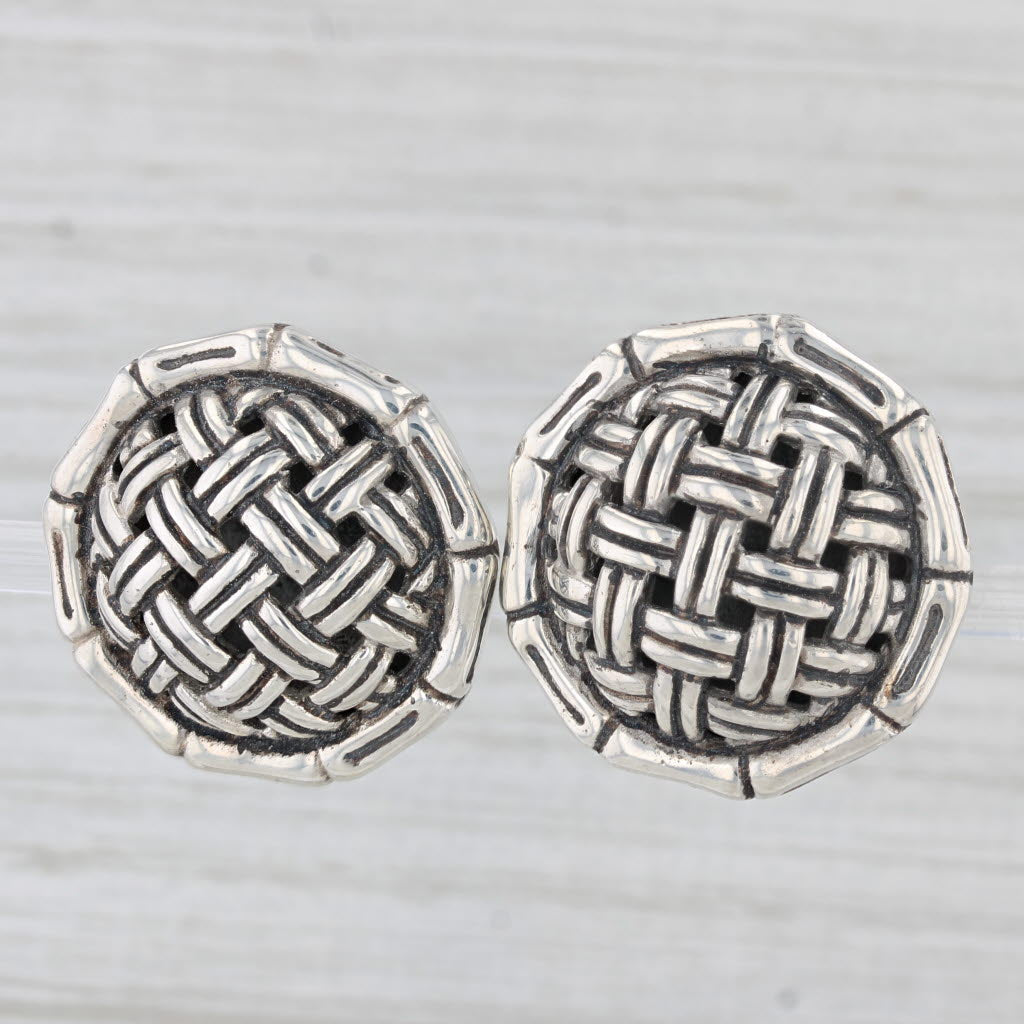 Light Gray John Hardy Crosshatch Button Stud Earrings Sterling Silver Omega Back Clip On