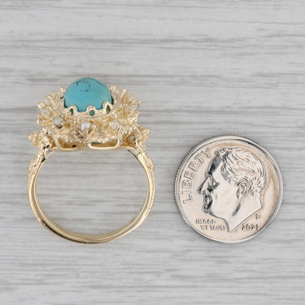 Gray Lab Created Turquoise Pearl Ring 14k Yellow Gold Size 7.5 Oval Cabochon