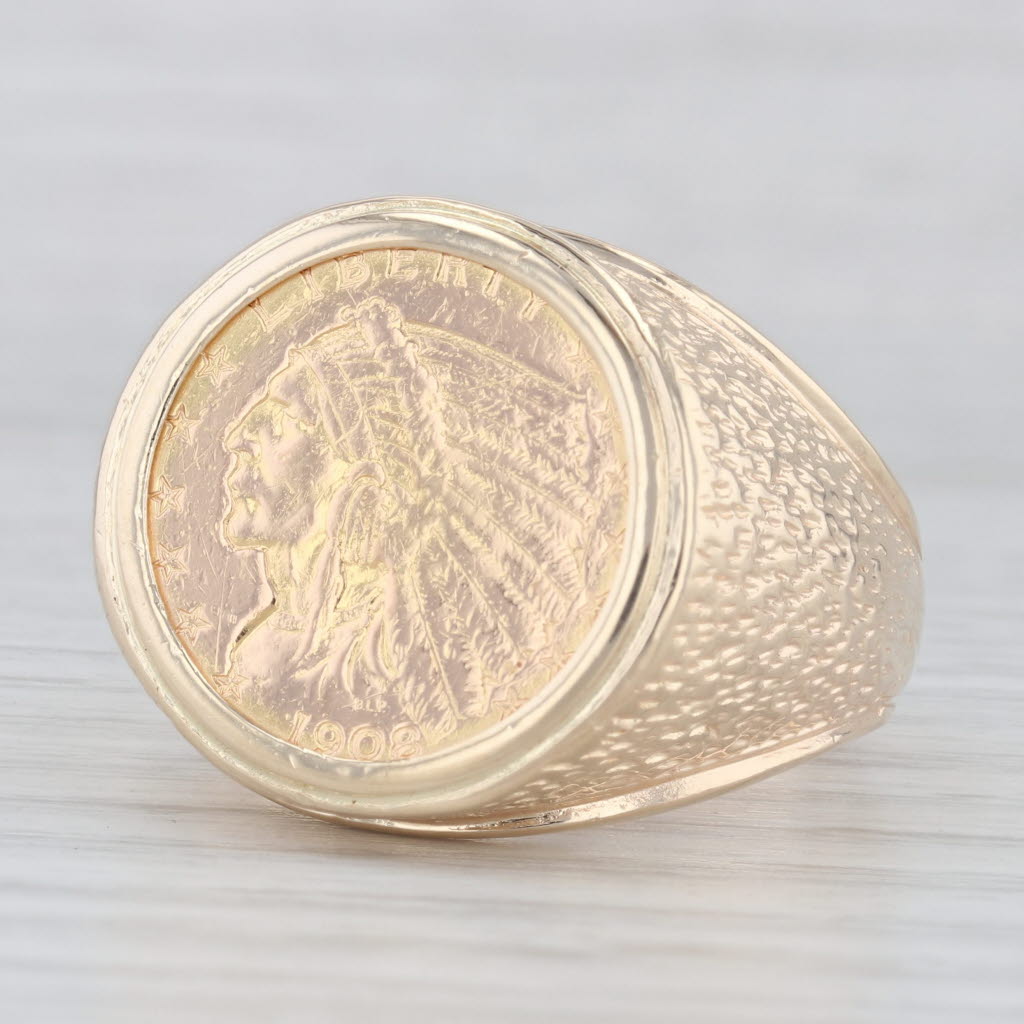 Light Gray Authentic 1908 American Eagle Indian Head Coin Ring 14k 900 Gold 2.50 USD Sz 13