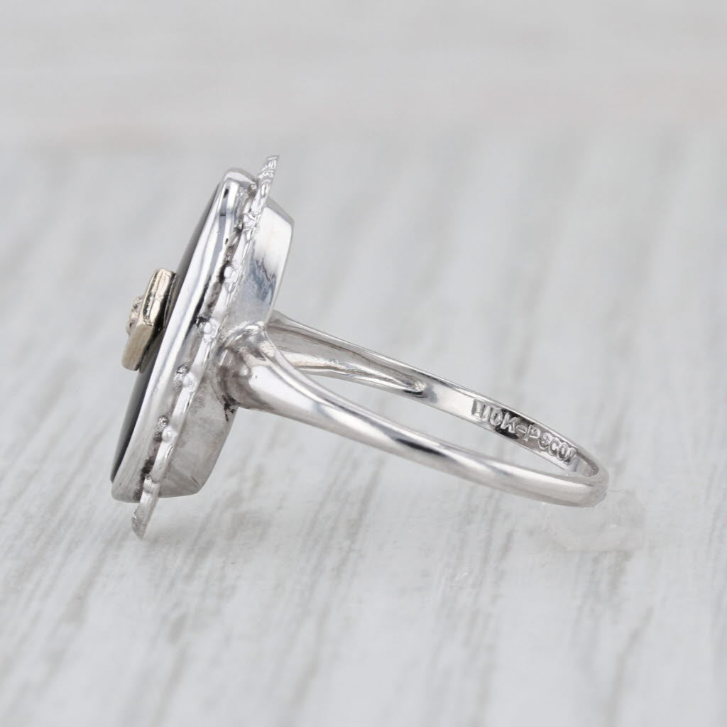 Vintage Onyx Diamond Signet Ring 10k White Gold Size 7