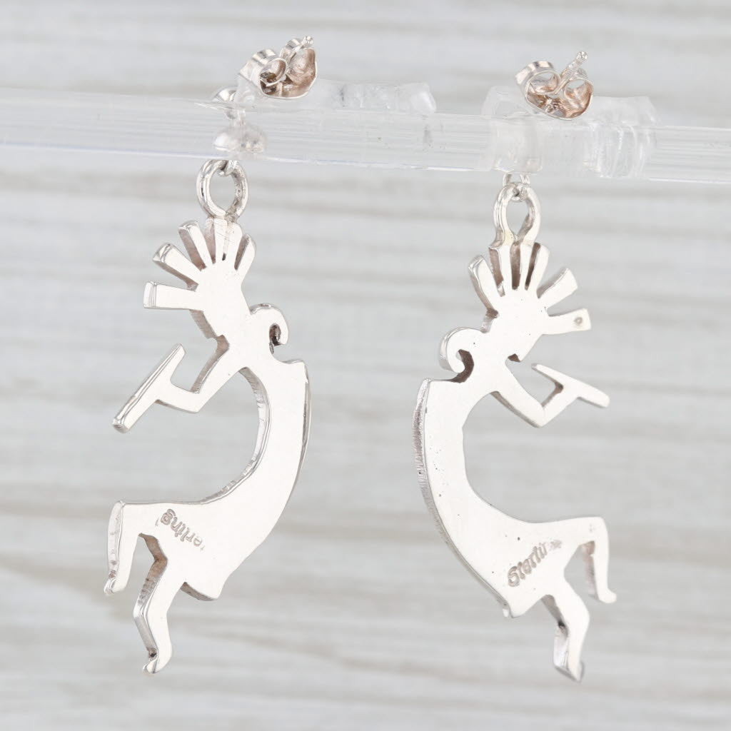 Light Gray Kokopelli Tribal Figure Earrings Sterling Silver Dangle Drops Southwestern