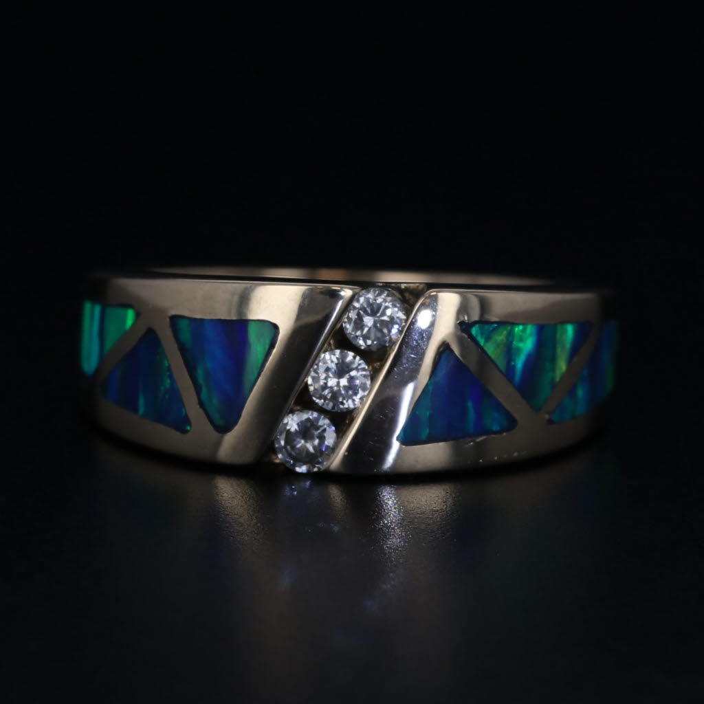 Black Lab Created Blue Green Opal Mosaic Diamond Ring 14k Yellow Gold Size 6.25