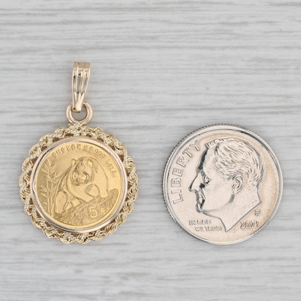 Gray Authentic Chinese Panda Coin Pendant 14k 999 Gold 5 Yuan 1990