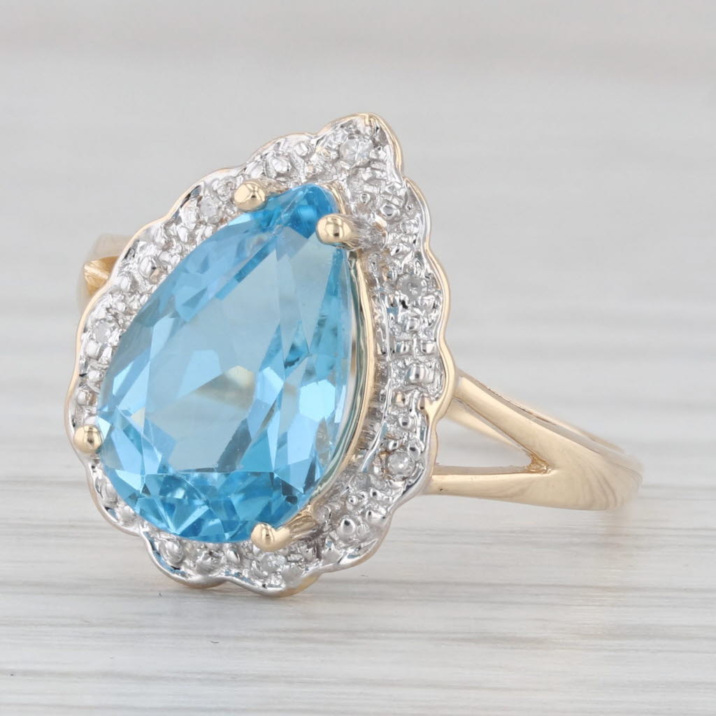Light Gray 3.65ctw Pear Blue Topaz Diamond Halo Ring 10k Yellow Gold Size 7.25