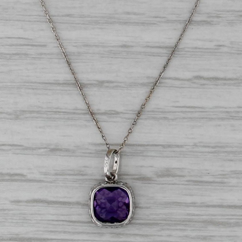 1.47ctw Amethyst Diamond Halo Pendant Necklace 18k White Gold 16.25" Cable Chain