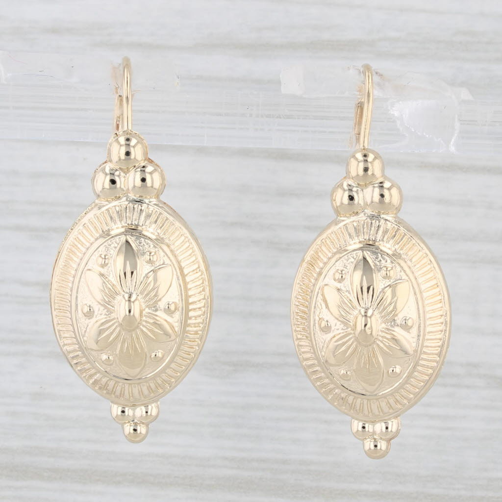 Light Gray Flower Drop Earrings 14k Yellow Gold Look Posts Lever Backs