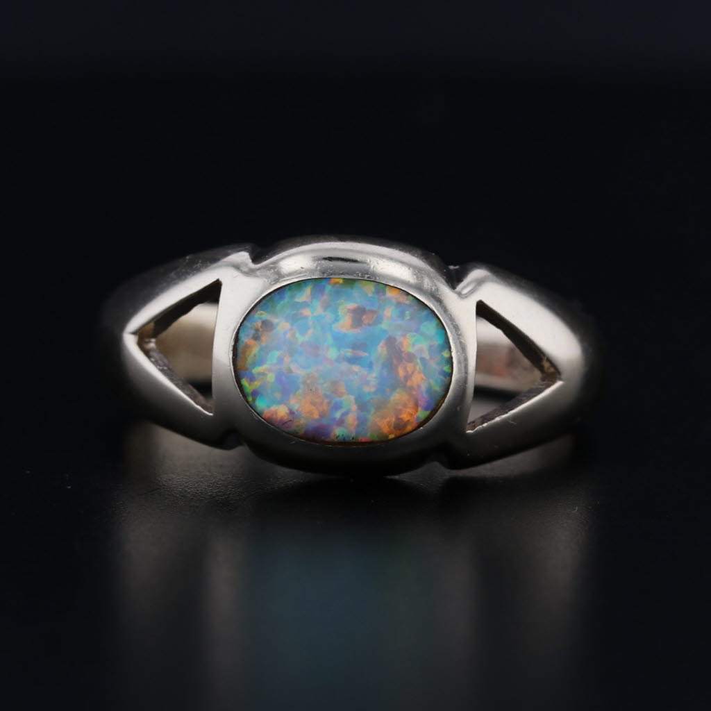 Lab Created Opal Cabochon Solitaire Ring 10k Yellow Gold Size 7.5