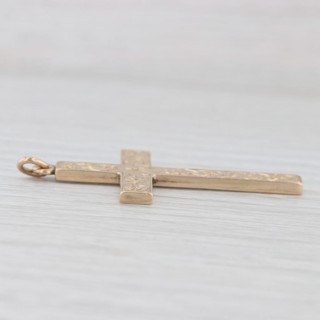 Light Gray Antique Floral Hand Engraved Cross Pendant 10k Yellow Gold Reversible Engravable