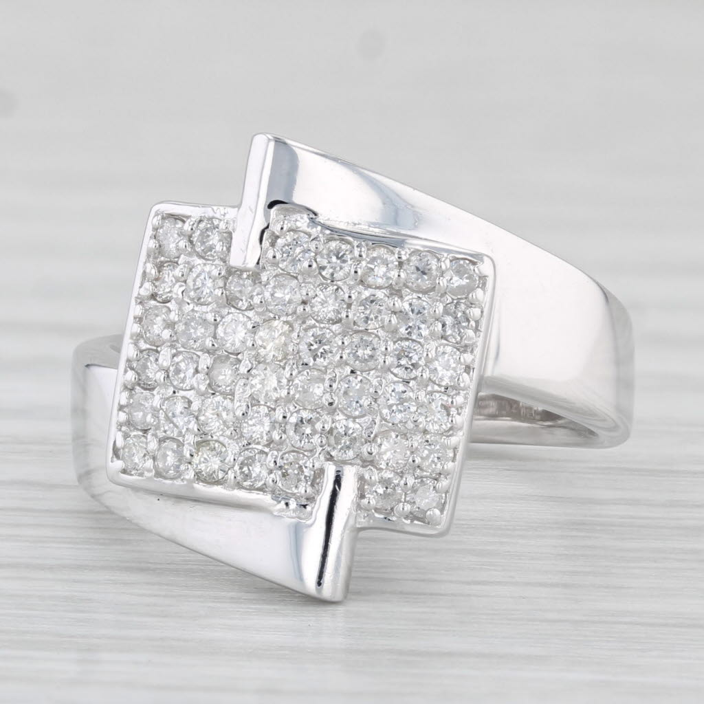Light Gray Pave Diamond Ring 14k White Gold Abstract Bypass Size 6.25