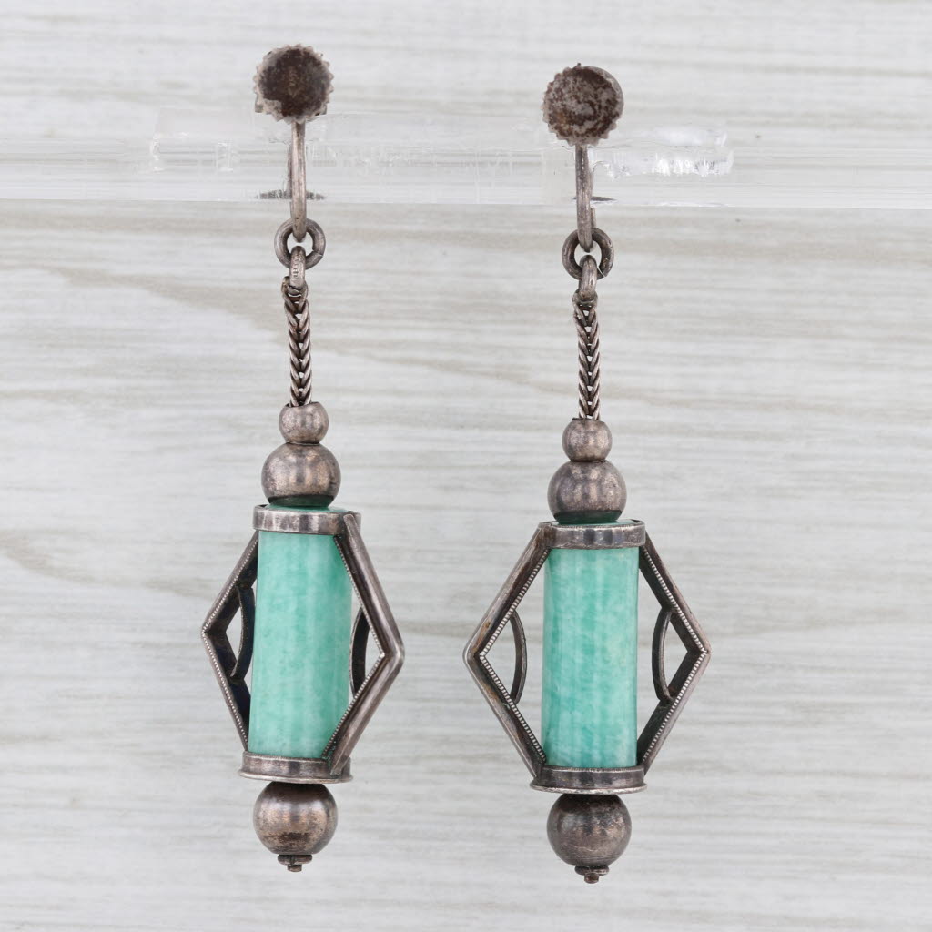 Vintage Amazonite Dangle Earrings Sterling Silver Screw Back Non Pierced As Is