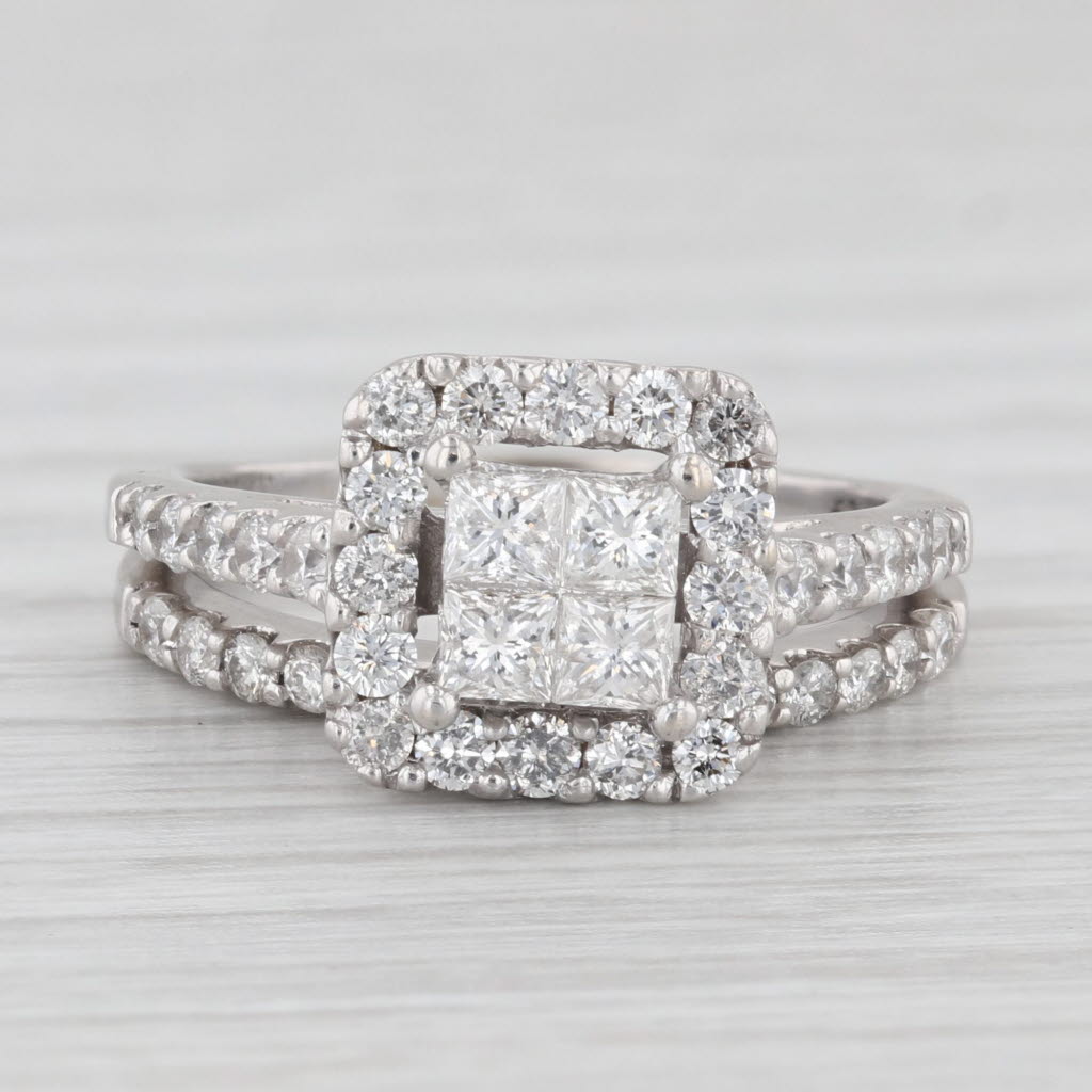 Light Gray 1.20ctw Princess Diamond Halo Engagement Ring Wedding Band Bridal 14k White Gold