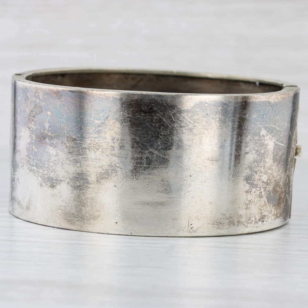 Light Gray Vintage Floral Etched Bangle Bracelet Silver Wide Band 6.5" 31.3mm