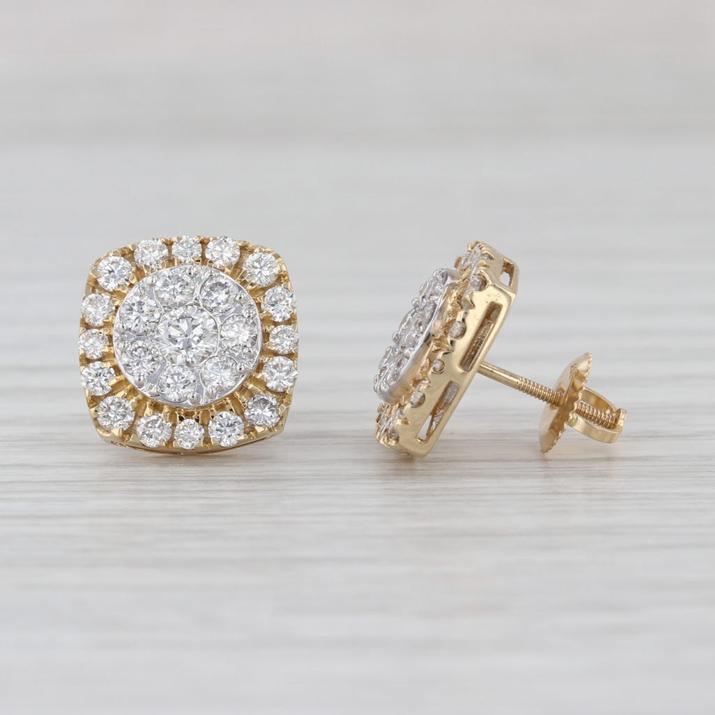 1.65ctw Diamond Cluster Halo Stud Earrings 14k Yellow Gold Screw Back Studs