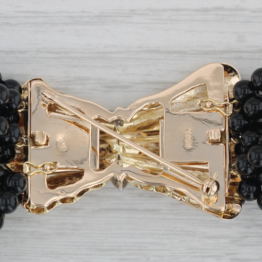 Gray Woven Onyx Bead Statement Necklace Diamond Bow Pendant Brooch 14k Gold 15.5"