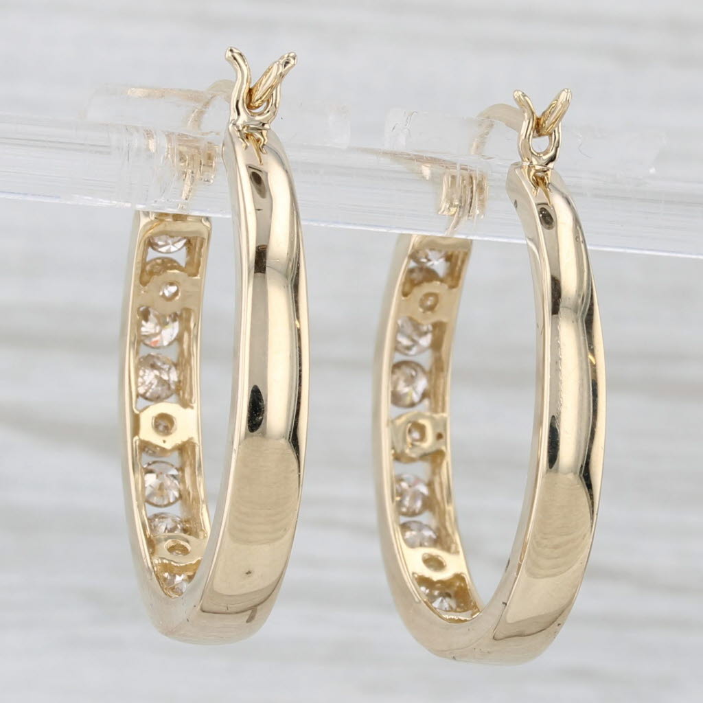 Light Gray 0.75ctw Channel Set Diamond Hoop Earrings 14k Yellow Gold Snap Top Round Hoops