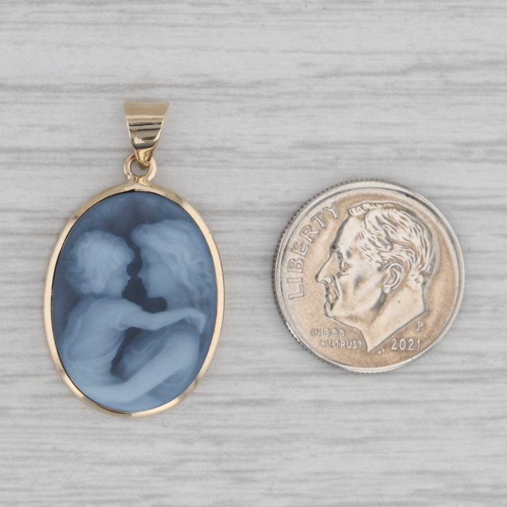 Gray Black White Agate Mother Holding Child Pendant 14k Yellow Gold