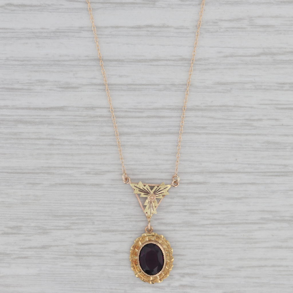 Gray Purple Glass Lavalier Pendant Necklace 10k Yellow Green Rose Gold 16.25"