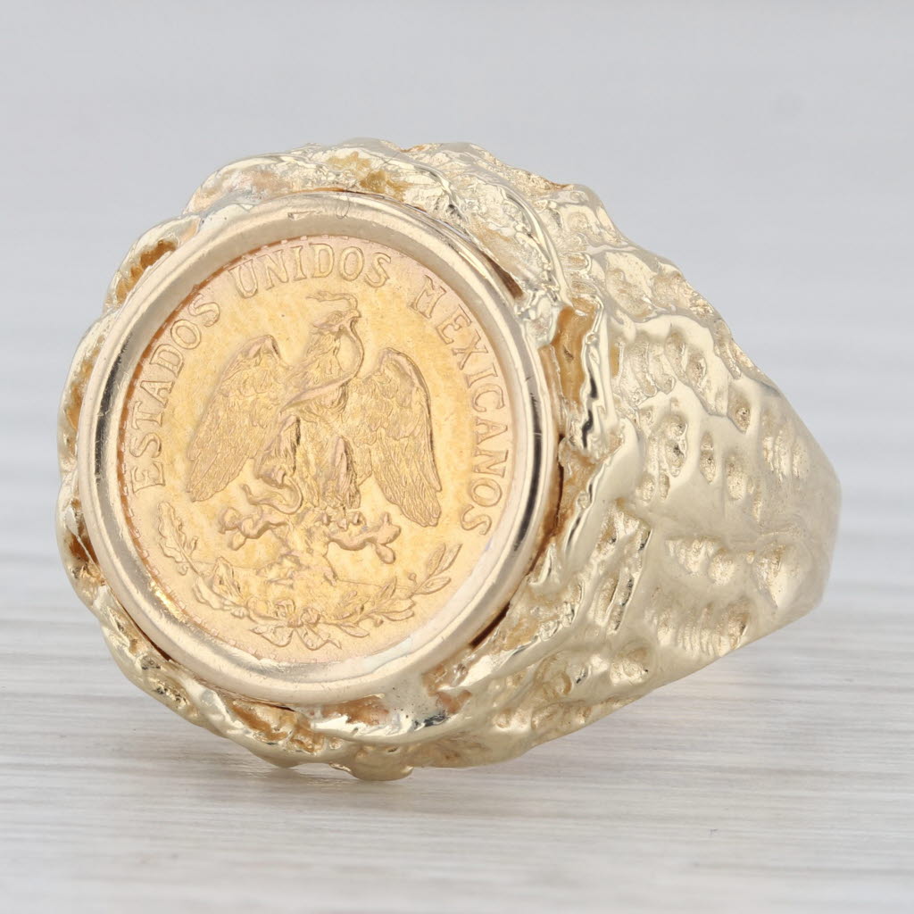 Gray 1945 Dos Pesos Coin Ring 14k 900 Yellow Gold Nugget Size 7.5 Mexico