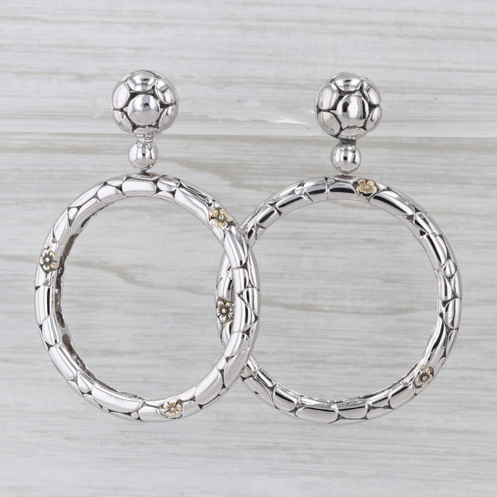 Large Floral Hoop Earrings Sterling Silver Gold Plated Flowers Statement Dangles