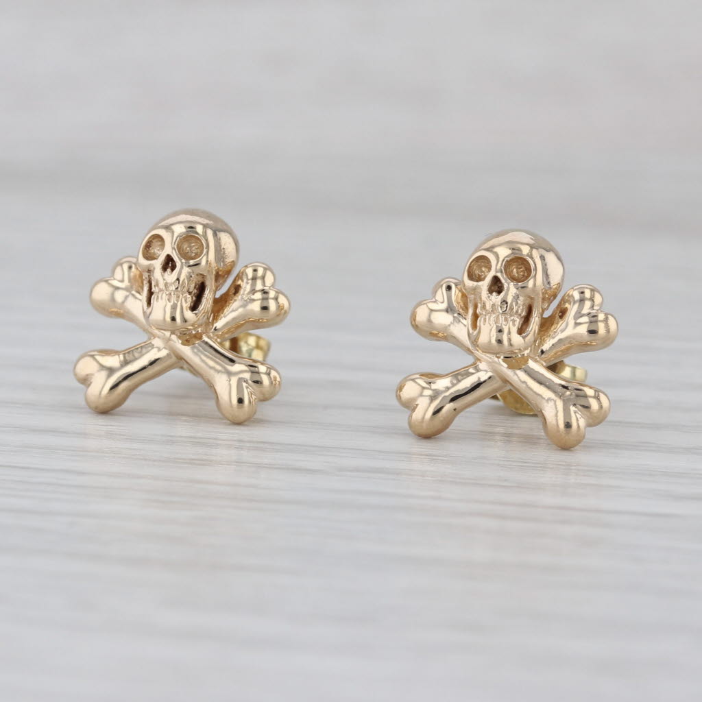 Skull Cross Bones Stud Earrings 14k Yellow Gold Gothic Biker Studs