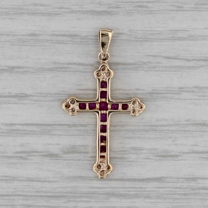 0.98ctw Ruby Diamond Cross Pendant 10k Yellow Gold