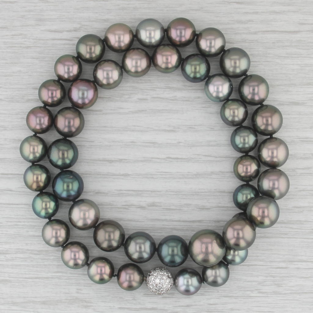 1.70ctw Pave Diamond Bead Clasp Black Cultured Pearl Strand Necklace 14k Gold
