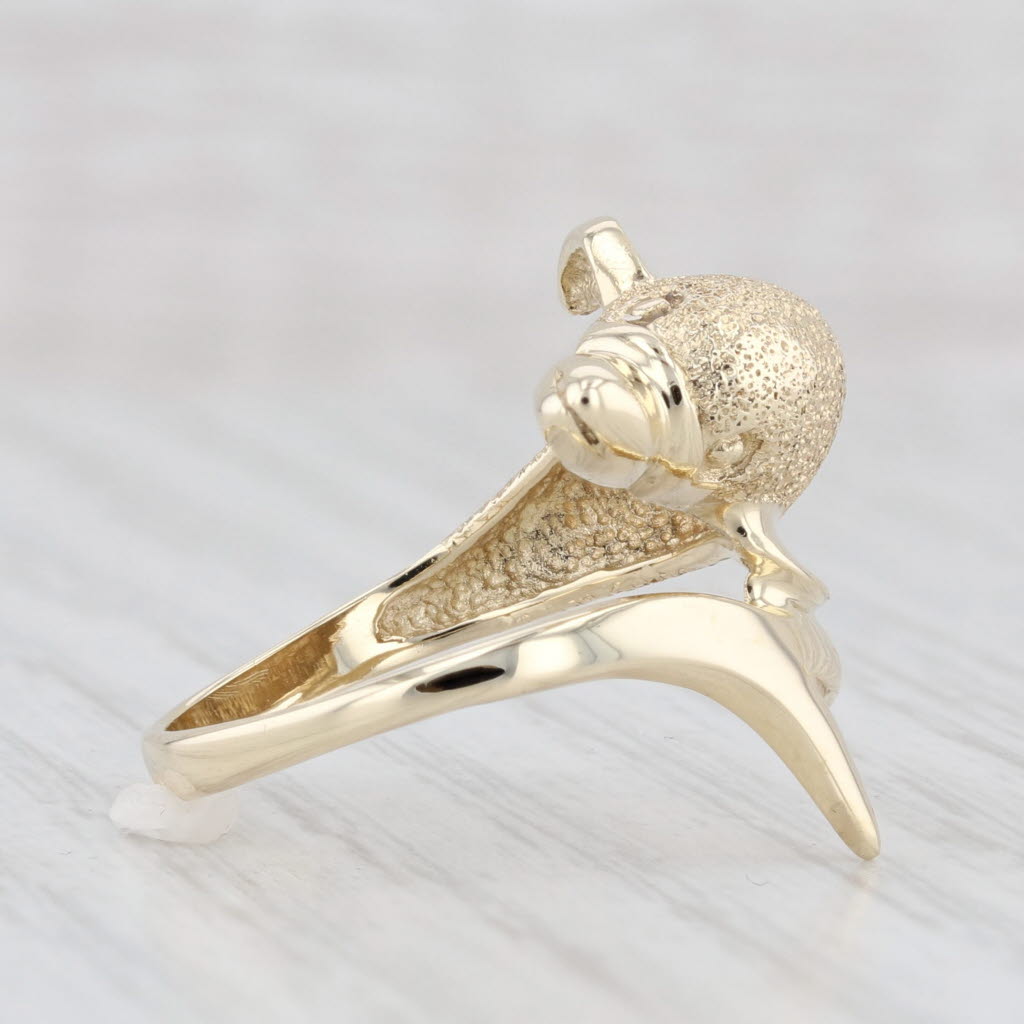 Light Gray Dolphin Bypass Ring 14k Yellow Gold Size 7 Nautical Jewelry