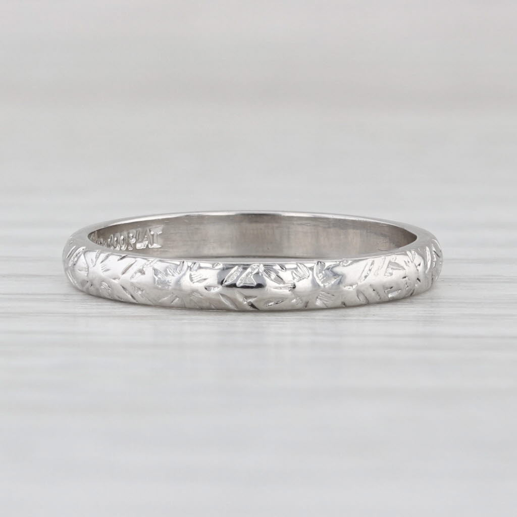 Vintage Floral Engraved Wedding Band Platinum Stackable Ring Size 6