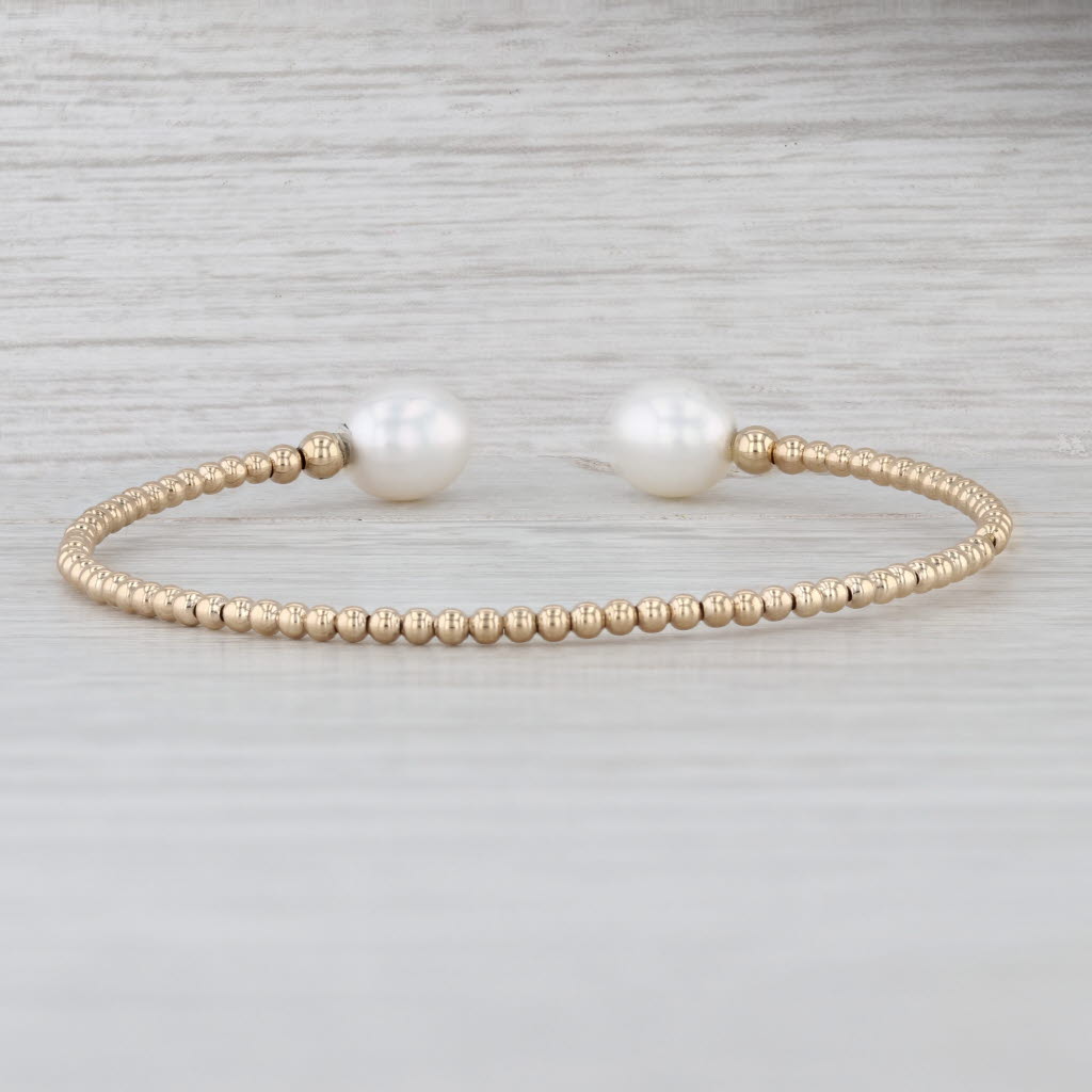 Cultured Pearl Bead Cuff Bracelet 14k Yellow Gold 6.5" 2mm