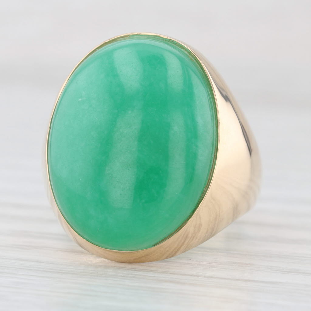 Large Jadeite Jade Ring 14k Yellow Gold Green Oval Cabochon Size 11
