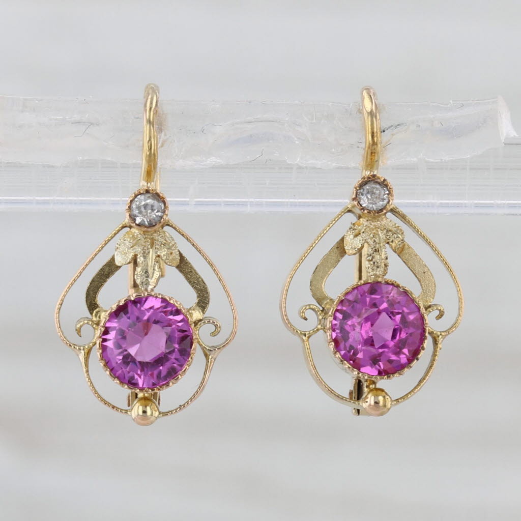 0.89ctw Lab Created Pink White Sapphire Dangle Earrings 18k Yellow Gold Drops