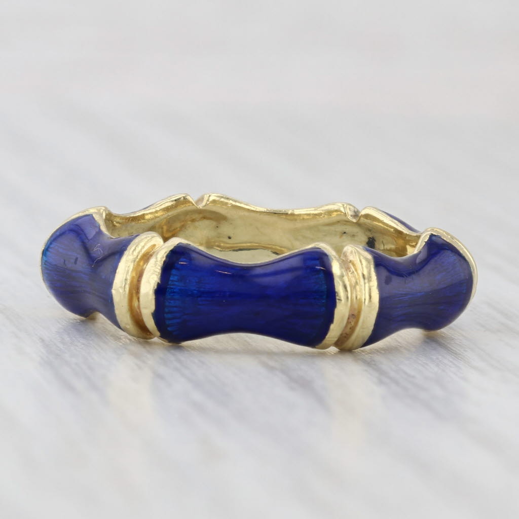 Rare Tiffany & Co Blue Enamel Bamboo Band Stackable Ring 18k Yellow Gold Sz 8.5