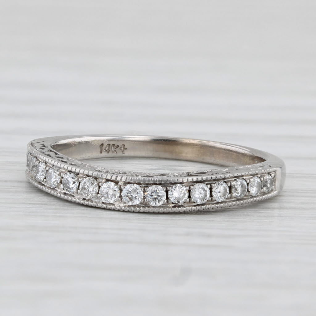 Light Gray Vintage Floral Accented 0.25ctw Diamond Wedding Band 14k Gold Stackable Ring
