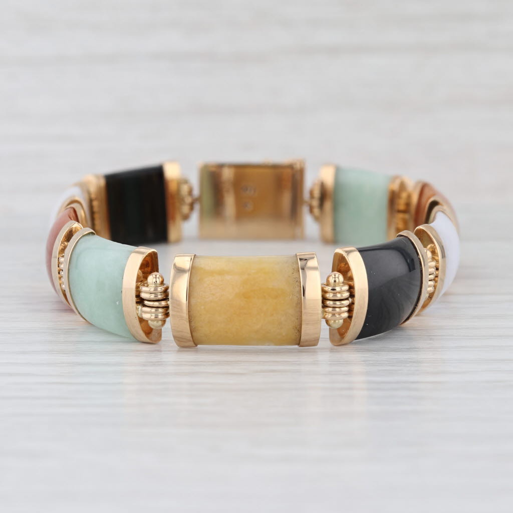 Multicolor Nephrite Jadeite Jade Link Bracelet 14k Yellow Gold 7.75" 11.3mm