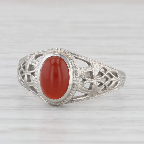 Vintage Carnelian Oval Cabochon Solitaire Ring 10k White Gold Size 5.75