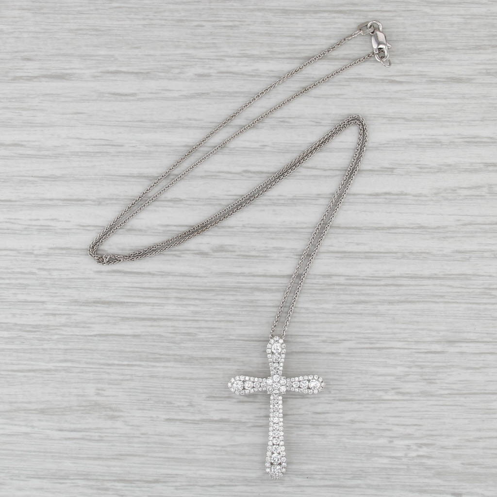0.99ctw Diamond Cross Pendant Necklace 18k White Gold 17.75" Wheat Chain