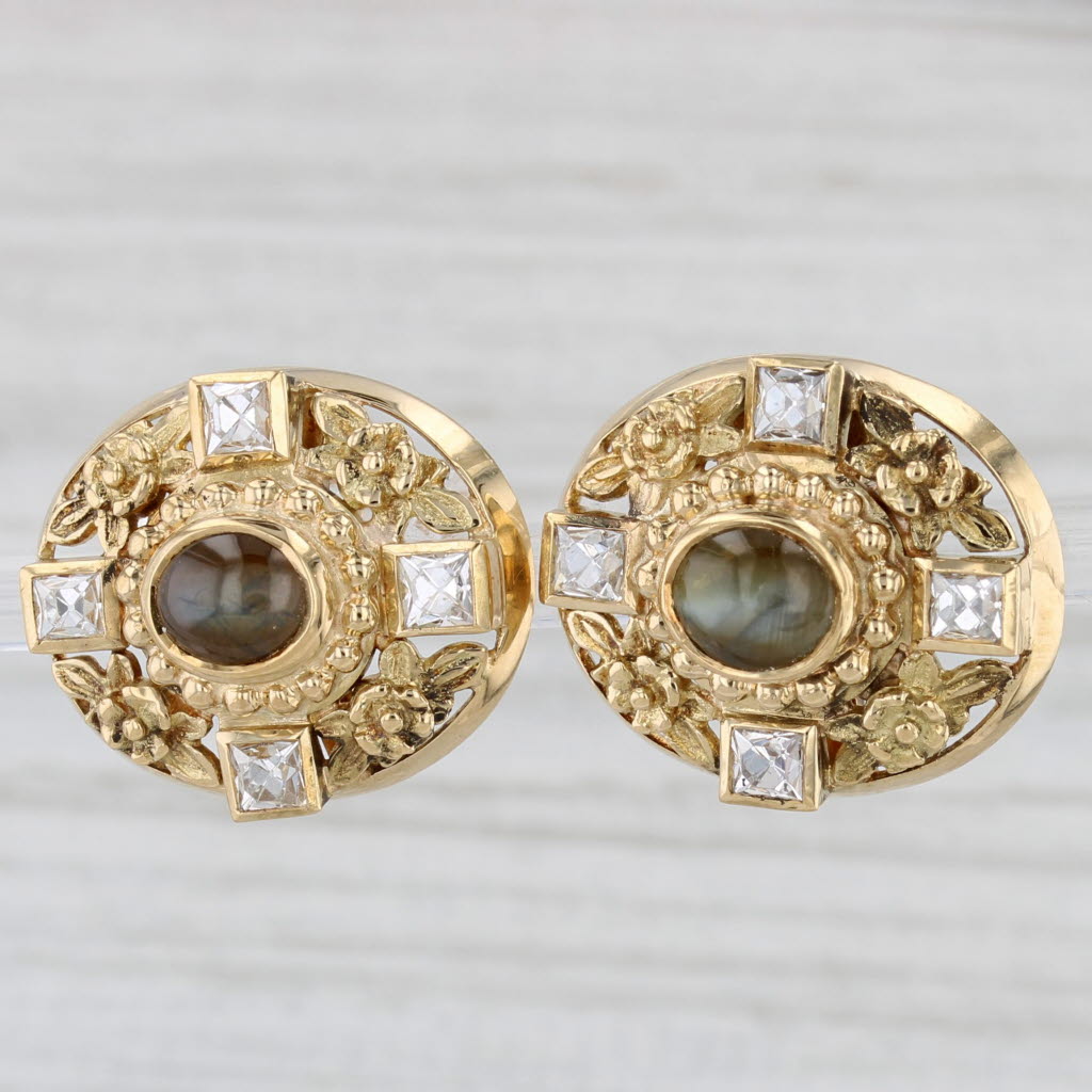 Light Gray Julius Cohen Diamond Cat's Eye Floral Stud Earrings 18k 14k Yellow Gold