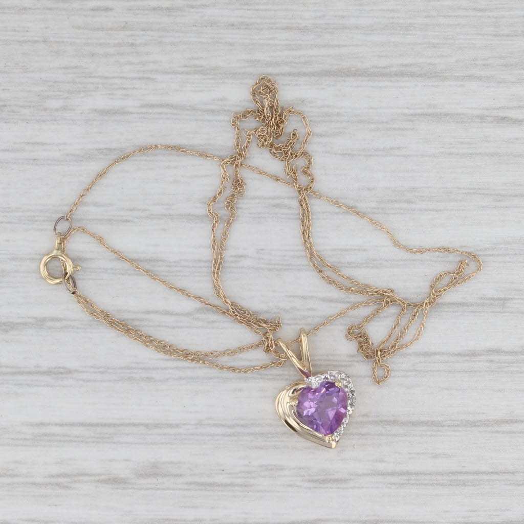 0.58ct Amethyst Heart Pendant Necklace 10k Yellow Gold 19" Rope Chain Diamonds