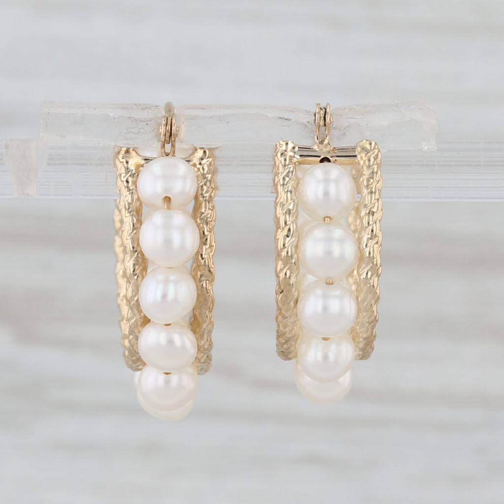 Cultured Pearl Hoop Earrings 10k Yellwo Gold Snap Top Round Hoops