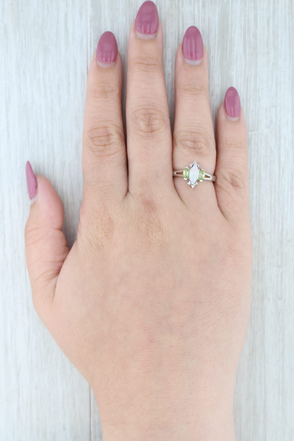 Light Gray Opal Peridot Diamond Ring 14k White Gold Size 7 Marquise Cabochon