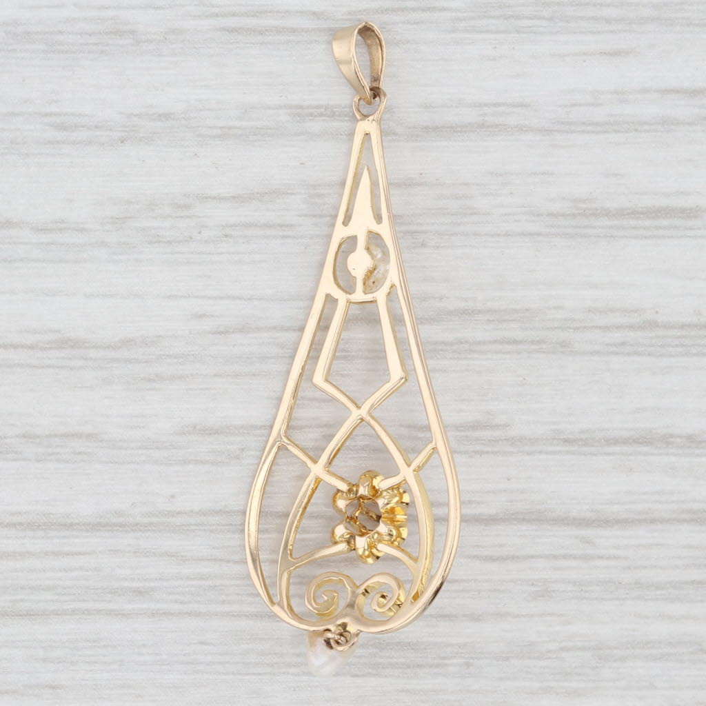 Light Gray Art Deco Baroque Pearl Diamond Lavalier Pendant 10k Yellow Gold Ornate Teardrop