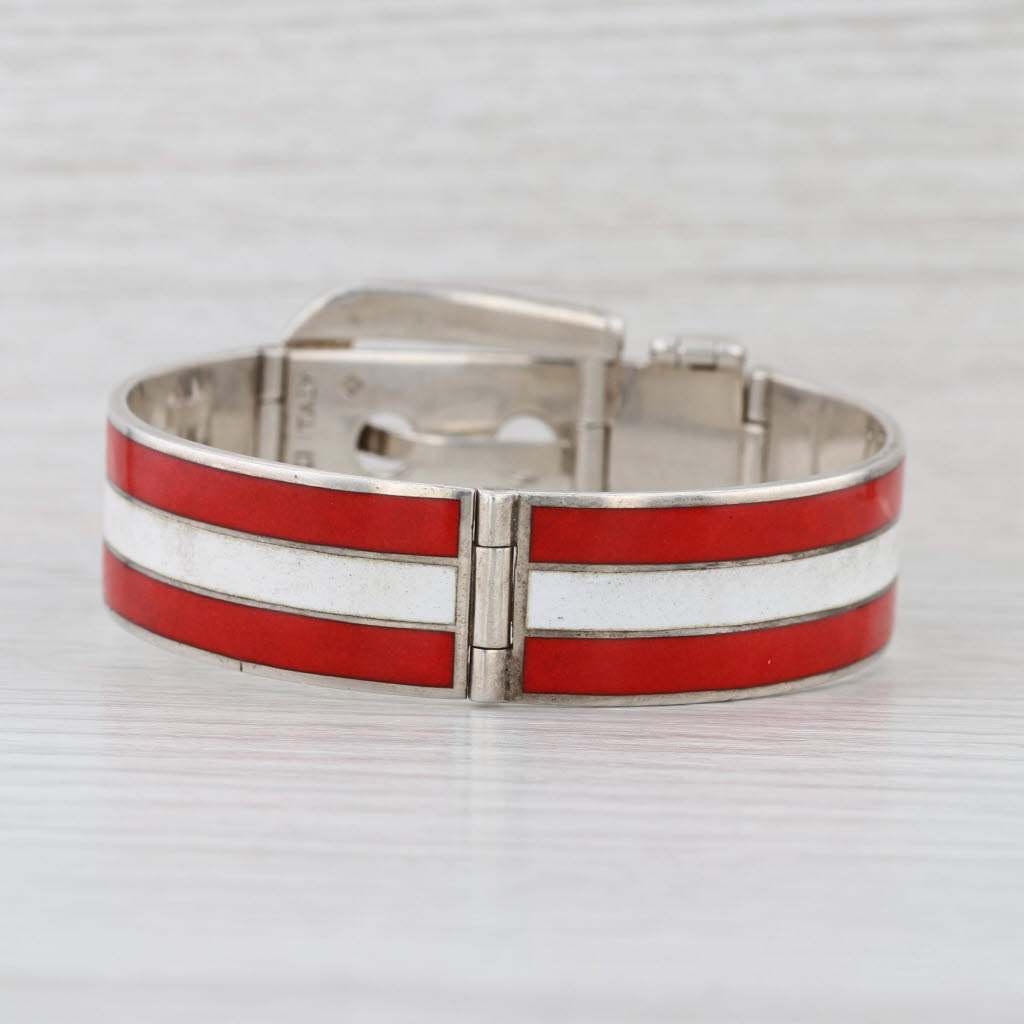 Gucci Belt Bangle Bracelet Sterling Silver Red White Enamel 6.5"