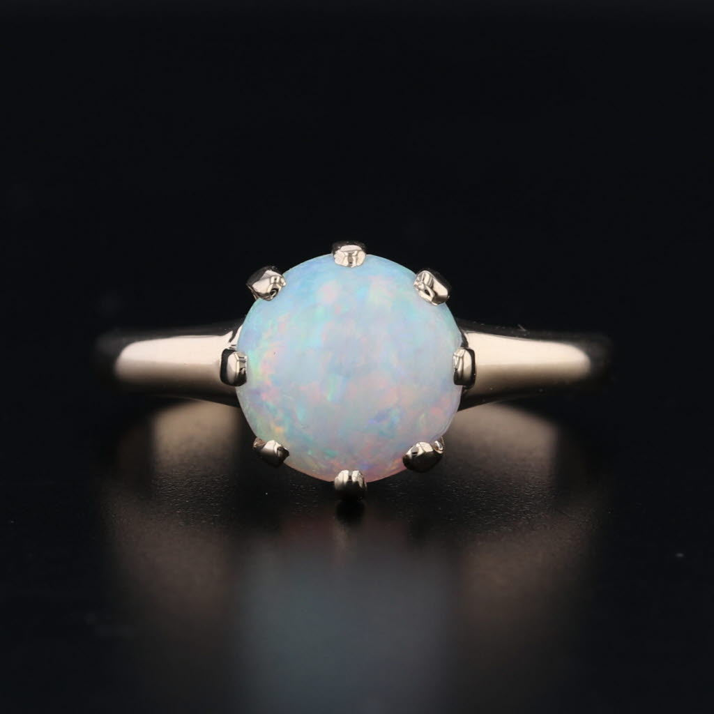 Vintage Woods Round Opal Cabochon Solitaire Ring 14k Yellow Gold Size 6.25